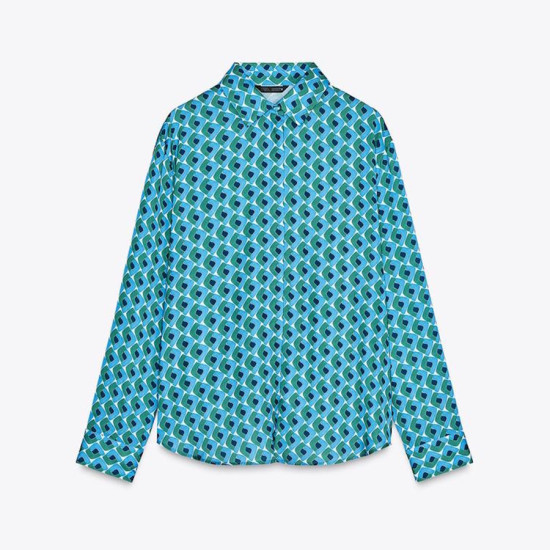 Shania Geometric Blue Green Printed Long Sleeve Blouse Shania Geometric Blue Green Printed Long Sleeve Blouse