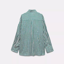 Candy Army Green Stripe Cotton Summer Collared Neckline Lapel Loose Long Sleeve Blouse