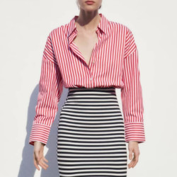 Candy Red Stripe Cotton Summer Collared Neckline Lapel Loose Long Sleeve Blouse