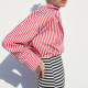 Candy Pink Stripe Cotton Summer Collared Neckline Lapel Loose Long Sleeve Blouse