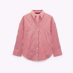 Candy Pink Stripe Cotton Summer Collared Neckline Lapel Loose Long Sleeve Blouse