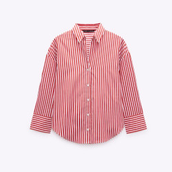 Candy Red Stripe Cotton Summer Collared Neckline Lapel Loose Long Sleeve Blouse