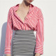 Candy Pink Stripe Cotton Summer Collared Neckline Lapel Loose Long Sleeve Blouse