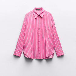 Candy Pink Stripe Cotton Summer Collared Neckline Lapel Loose Long Sleeve Blouse