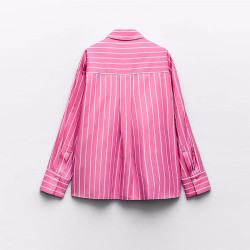 Candy Pink Stripe Cotton Summer Collared Neckline Lapel Loose Long Sleeve Blouse