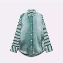 Candy Army Green Stripe Cotton Summer Collared Neckline Lapel Loose Long Sleeve Blouse