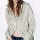Candy Sage Green Stripe Cotton Summer Collared Neckline Lapel Loose Long Sleeve Blouse