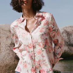 Rose Blossoms Pink Floral Soft Satin Collared Neckline Long Sleeve Blouse