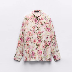 Rose Blossoms Pink Floral Organza Silk Collared Neckline Long Sleeve Blouse