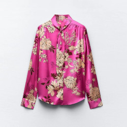 Amani Pink Floral Korean Silk Satin Collared Neckline Long Sleeve Cuff Wrist Blouse