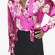 Amani Pink Floral Korean Silk Satin Collared Neckline Long Sleeve Cuff Wrist Blouse Amani Pink Floral Korean Silk Satin Collared Neckline Long Sleeve Cuff Wrist Blouse