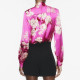 Amani Pink Floral Korean Silk Satin Collared Neckline Long Sleeve Cuff Wrist Blouse Amani Pink Floral Korean Silk Satin Collared Neckline Long Sleeve Cuff Wrist Blouse