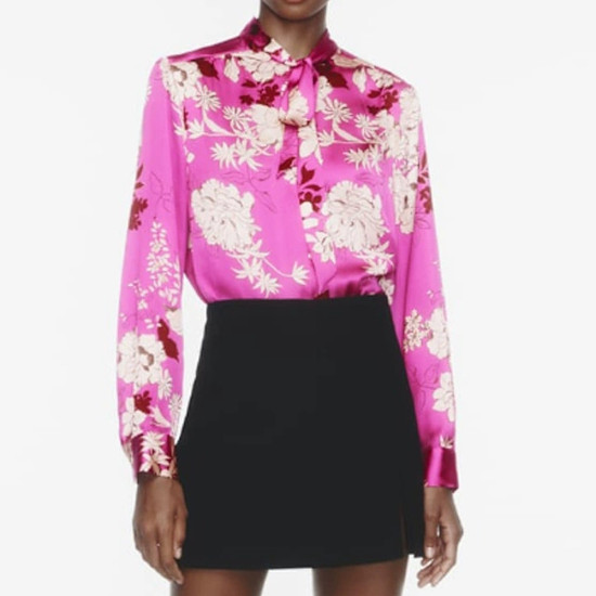 Amani Pink Floral Korean Silk Satin Collared Neckline Long Sleeve Cuff Wrist Blouse Amani Pink Floral Korean Silk Satin Collared Neckline Long Sleeve Cuff Wrist Blouse