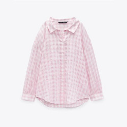 Zayna Soft Pink Checkered Long Sleeve Blouse