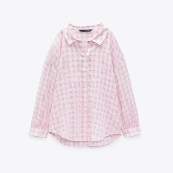 Zayna Soft Pink Checkered Long Sleeve Blouse