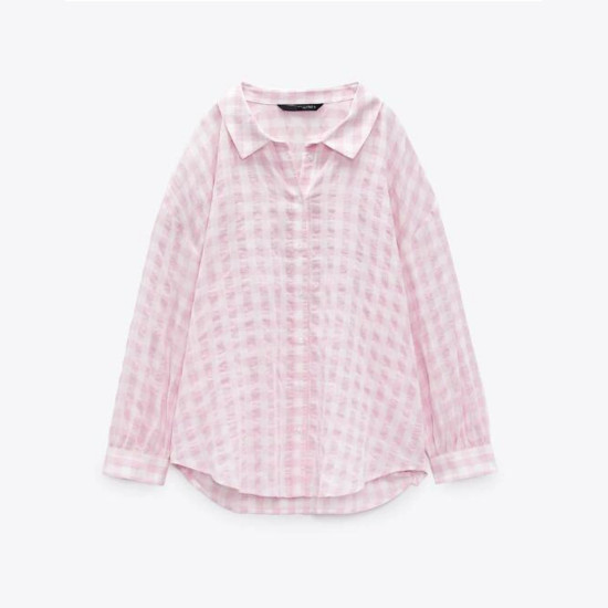 Zayna Soft Pink Checkered Long Sleeve Blouse Zayna Soft Pink Checkered Long Sleeve Blouse