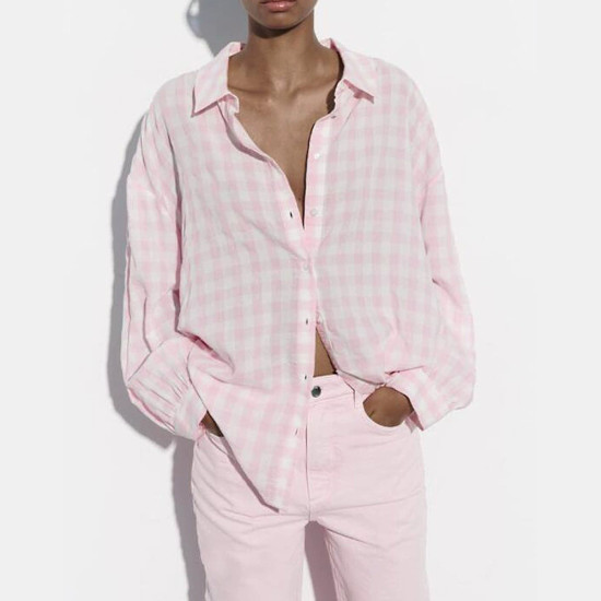 Zayna Soft Pink Checkered Long Sleeve Blouse Zayna Soft Pink Checkered Long Sleeve Blouse
