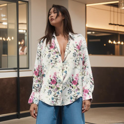 Irene Floral Silk Satin Long Sleeve Blouse