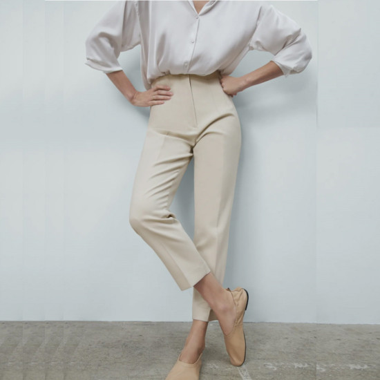 Fateha Lapel High Waisted Slim Pants-Beige