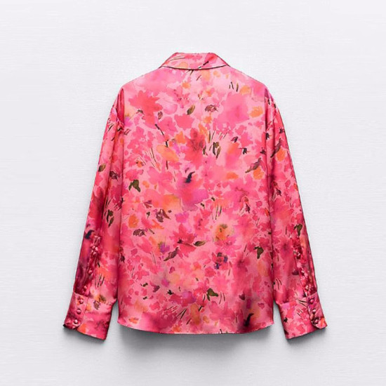 Rozana Red Floral Rose Soft Satin Collared Neckline Long Sleeve Blouse