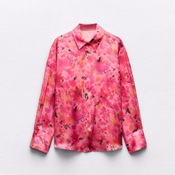 Rozana Red Floral Rose Soft Satin Collared Neckline Long Sleeve Blouse