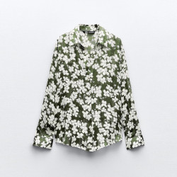 Adira Green Floral Printed Spring Wear Collared Neckline Design Long Sleeve