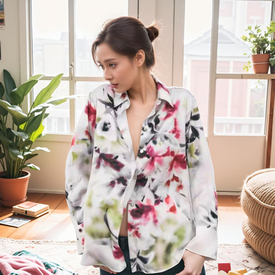 Vivy Silk Satin White Tie-Dye Floral Long Sleeve Blouse Vivy Silk Satin White Tie-Dye Floral Long Sleeve Blouse