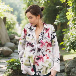 Vivy Silk Satin White Tie-Dye Floral Long Sleeve Blouse