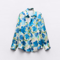 Orkid Blue Floral Soft Satin Collared Lapel Shirt Long Sleeve Blouse