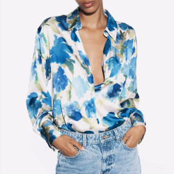 Orkid Blue Floral Soft Satin Collared Lapel Shirt Long Sleeve Blouse