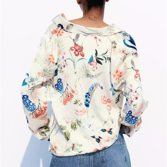 Rohani Floral Soft Satin Off-White Floral Motifs Collared Neckline Long Sleeve Blouse