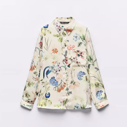 Rohani Floral Soft Satin Off-White Floral Motifs Collared Neckline Long Sleeve Blouse