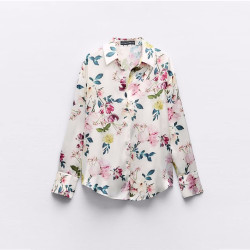 Fatin Floral Satin Pink Floral Motifs Collared Neckline Long Sleeve Blouse