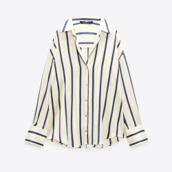 Qistina Silk Satin White With Blue Stripe Collared Office Work Long Sleeve Blouse