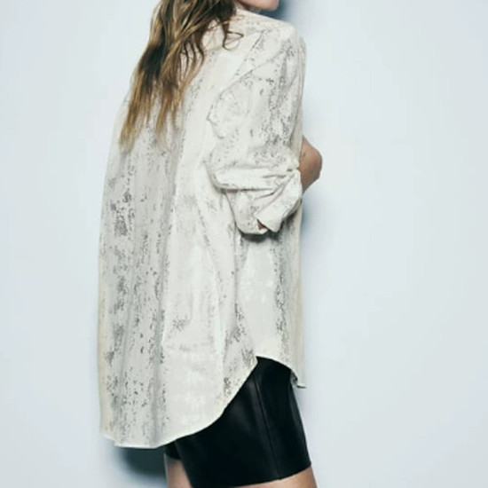 Krystal White Silver Flakes Collared Long Sleeve Blouse