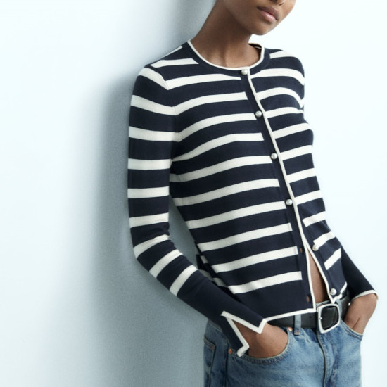 Sylvia Black With White Stripe Long Sleeve Sweater Outerwear Button Neckline Sylvia Black With White Stripe Long Sleeve Sweater Outerwear Button Neckline
