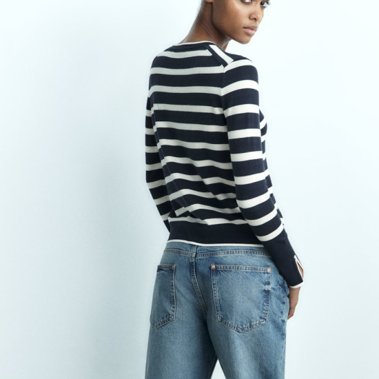 Sylvia Black With White Stripe Long Sleeve Sweater Outerwear Button Neckline