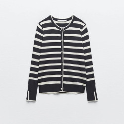Sylvia Black With White Stripe Long Sleeve Sweater Outerwear Button Neckline