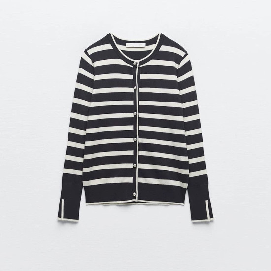 Sylvia Black With White Stripe Long Sleeve Sweater Outerwear Button Neckline Sylvia Black With White Stripe Long Sleeve Sweater Outerwear Button Neckline