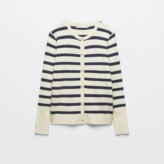 Sylvia White With Black Stripe Long Sleeve Sweater Outerwear Button Neckline Sylvia White With Black Stripe Long Sleeve Sweater Outerwear Button Neckline