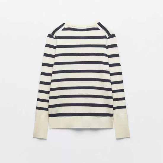 Sylvia White With Black Stripe Long Sleeve Sweater Outerwear Button Neckline Sylvia White With Black Stripe Long Sleeve Sweater Outerwear Button Neckline