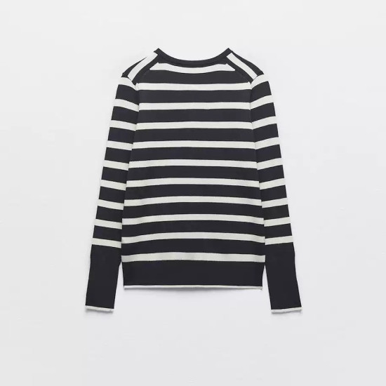 Sylvia Black With White Stripe Long Sleeve Sweater Outerwear Button Neckline