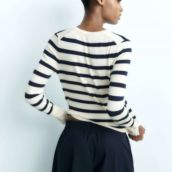 Sylvia White With Black Stripe Long Sleeve Sweater Outerwear Button Neckline