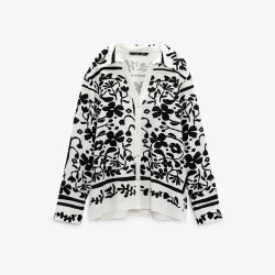 Aufa White and Black Floral Long Sleeve Blouse