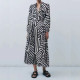 Safiya Black White Geometric Long Sleeve Dress with belt Safiya Black White Geometric Long Sleeve Dress with belt