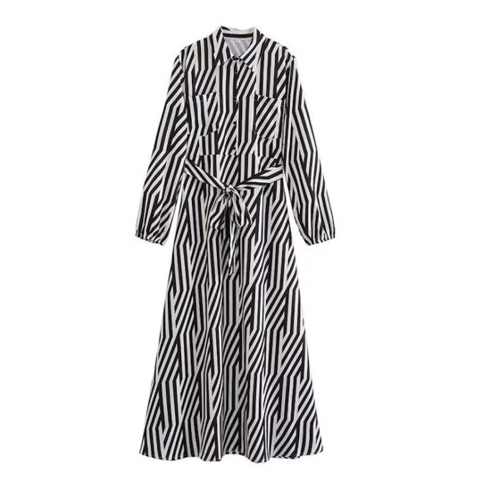 Safiya Black White Geometric Long Sleeve Dress with belt Safiya Black White Geometric Long Sleeve Dress with belt