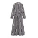 Safiya Black White Geometric Long Sleeve Dress with belt Safiya Black White Geometric Long Sleeve Dress with belt
