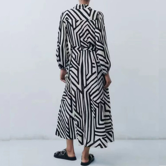 Safiya Black White Geometric Long Sleeve Dress with belt