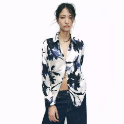 Fitrie Satin Soft White Black Blue Floral Long Sleeve Blouse
