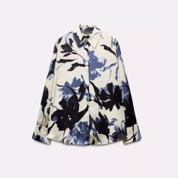 Fitrie Satin Soft White Black Blue Floral Long Sleeve Blouse
